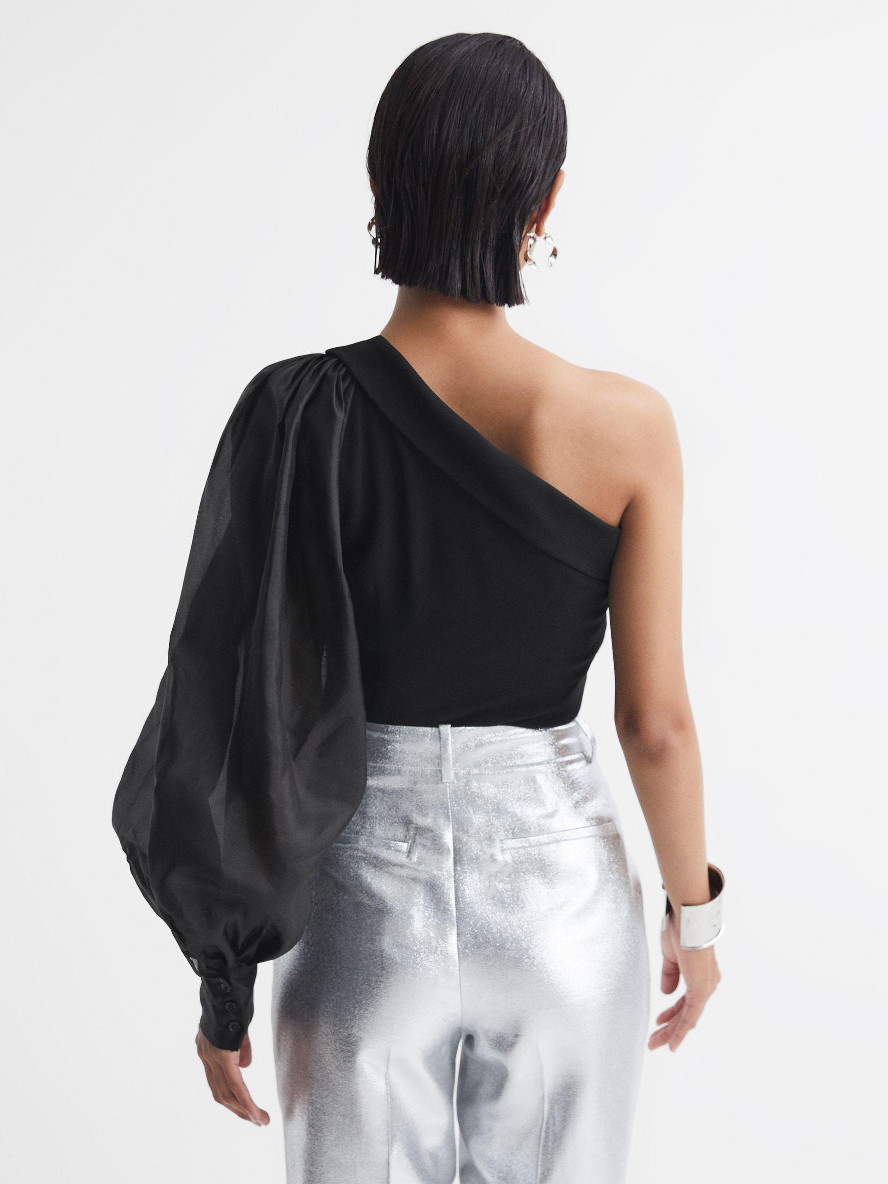 One-Shoulder Blouson Sleeve Ruche Top in Black Product Image