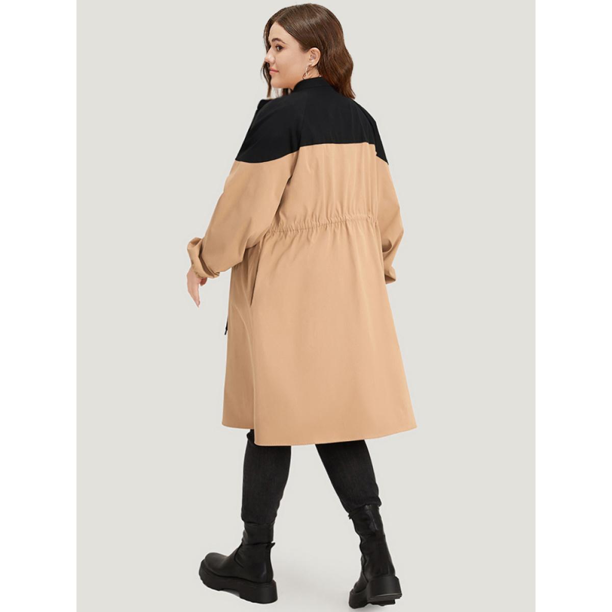 Plus Size Two Tone Drawstring Stand Collar Trench Coat Women LightBrown Dailywear Elastic cuffs Plain 28/5X Pocket Casual Trench Coats BloomChic Product Image