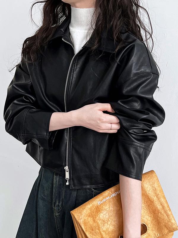 Long Sleeves Loose Solid Color Zipper Lapel Collar Jackets&Coats Outerwear Product Image