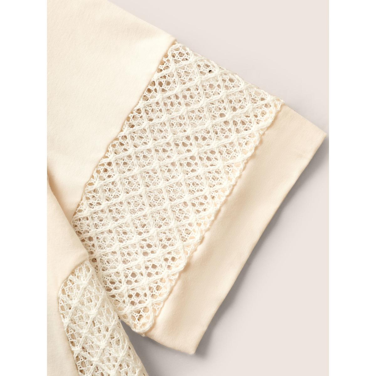 Plus Size Solid Hollow Out Raglan Sleeve T-shirt Beige Women Casual Patchwork Round Neck Everyday T-shirts BloomChic 30/6X Product Image