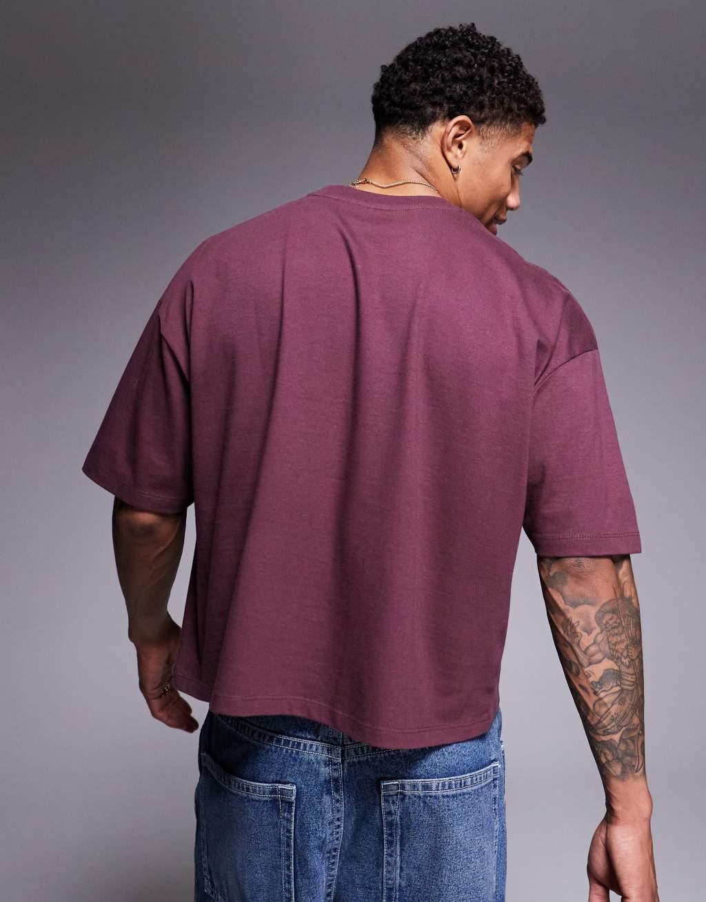 ASOS DESIGN cropped oversized t-shirt with graphics in burgundy Product Image