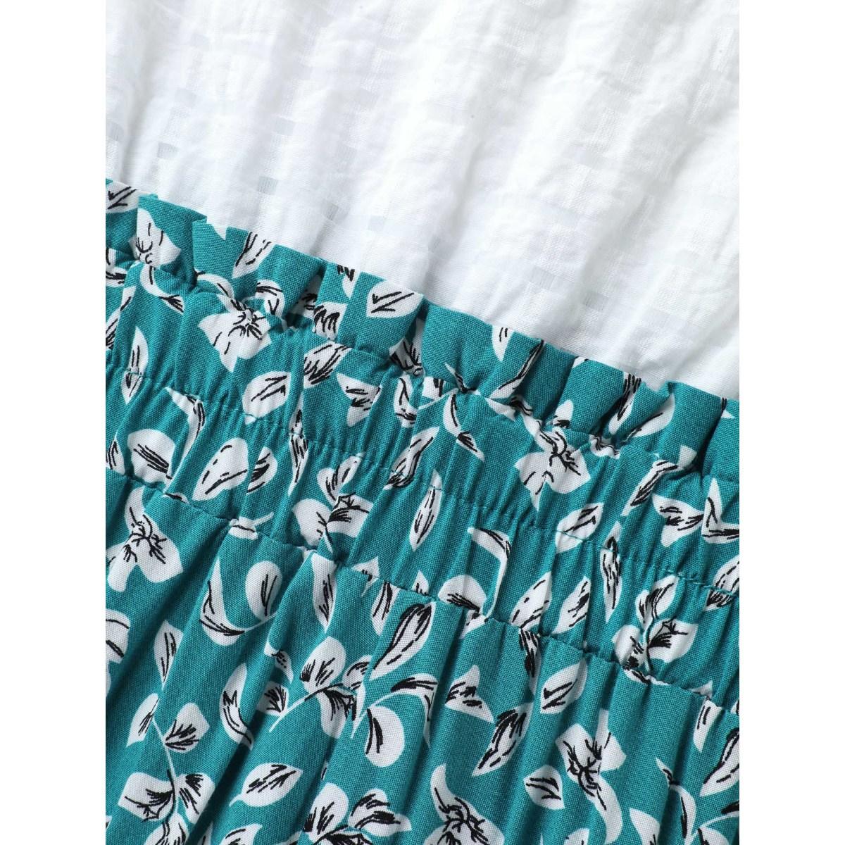 Plus Size Cerulean Floral Color Contrast Shirred Jumpsuit Women Leisure Cap Sleeve V-neck Casual Loose Jumpsuits BloomChic 22-24/3X Product Image