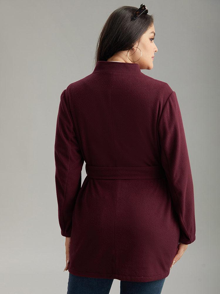 Solid Button Fly Stand Collar Belted Pocket Coat Female Product Image