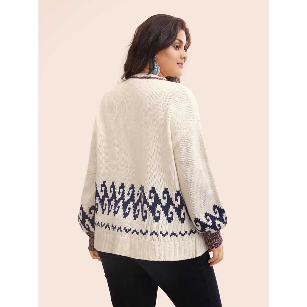 Plus Size Fair Isle Balloon Sleeve Crew Neck Cardigan Ivory Women Resort Loose Long Sleeve Vacation Cardigans BloomChic 14-16/1X Product Image