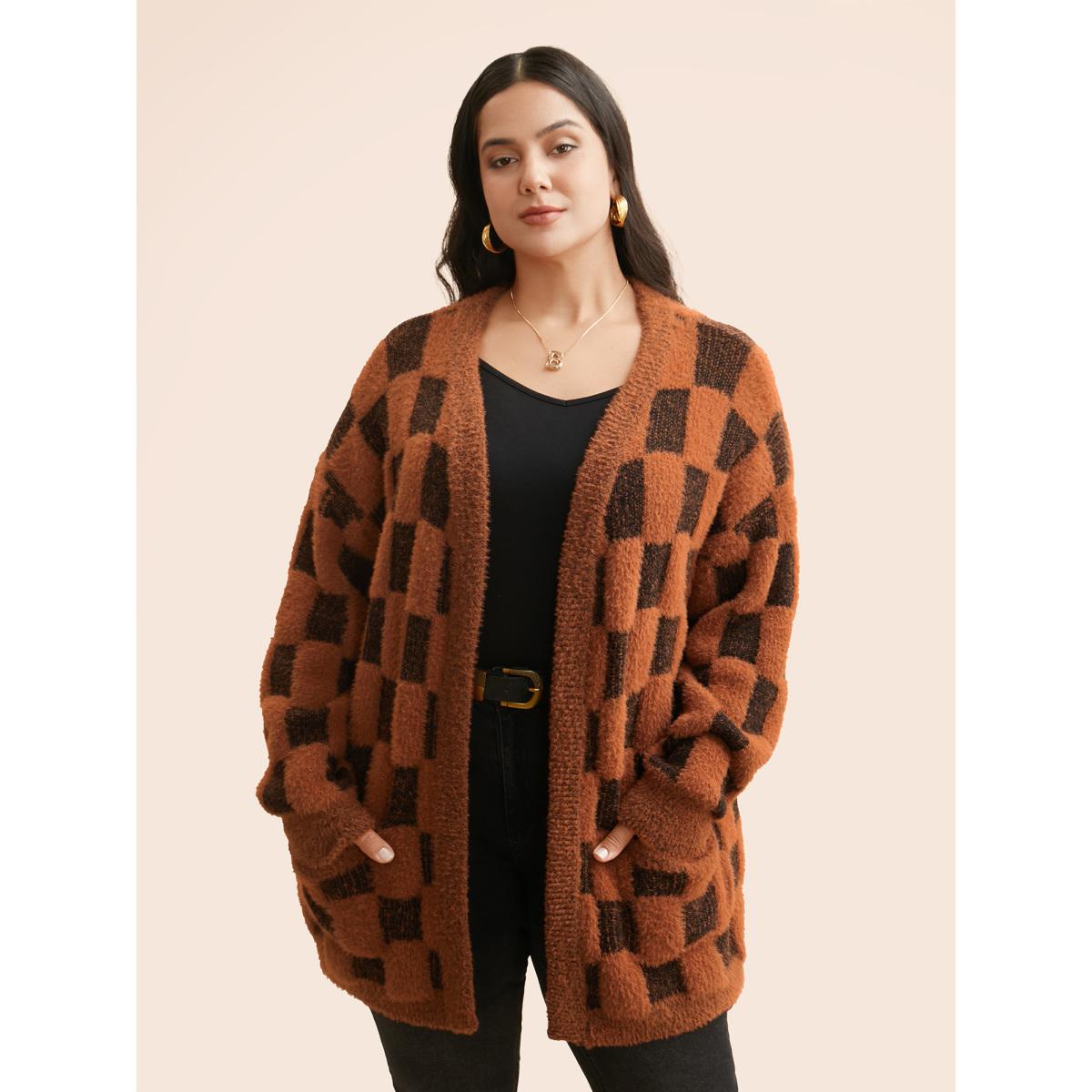 Plus Size Plaid Fluffy Patched Pocket Cardigan Yellowishbrown Women Casual Loose Long Sleeve Everyday Cardigans BloomChic 10/M Product Image