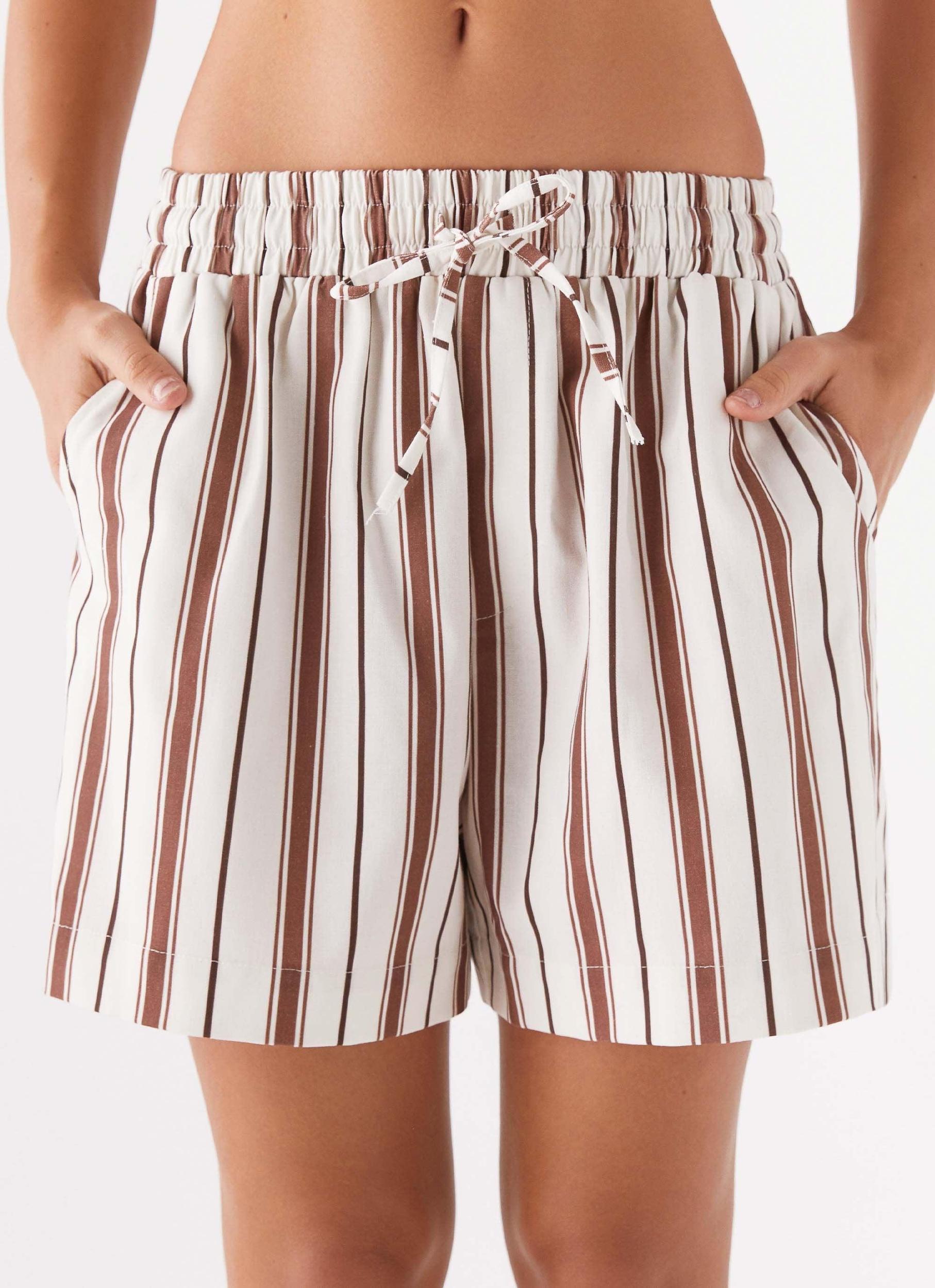 Kristen Linen Drawstring Shorts - Brown Stripe Product Image