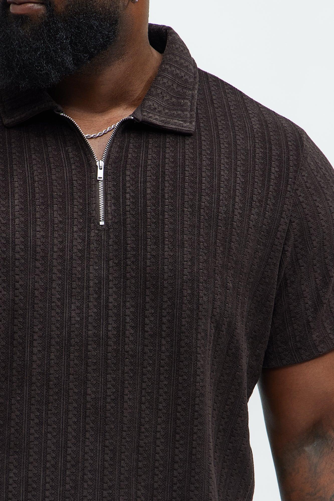 Stripe Texture Quarter Zip Polo Shirt - Chocolate Product Image