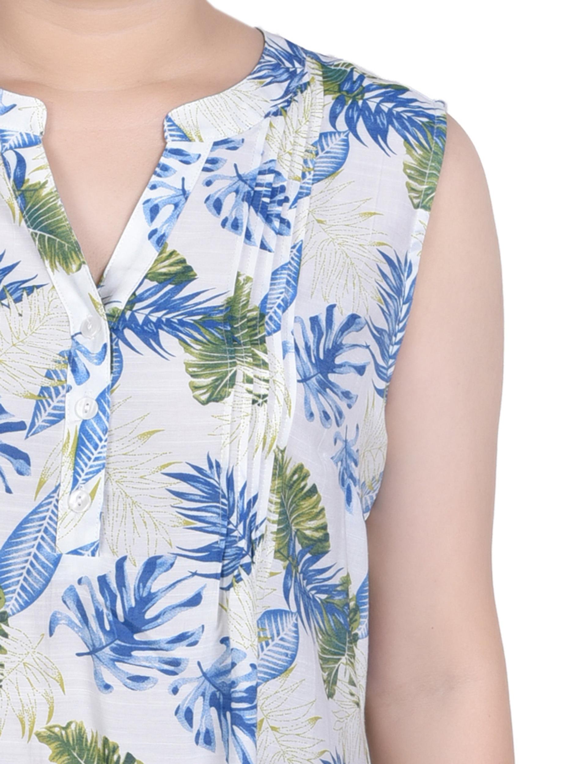 Ivory Tropical Leaves Sleeveless Pintucked Blouse Product Image