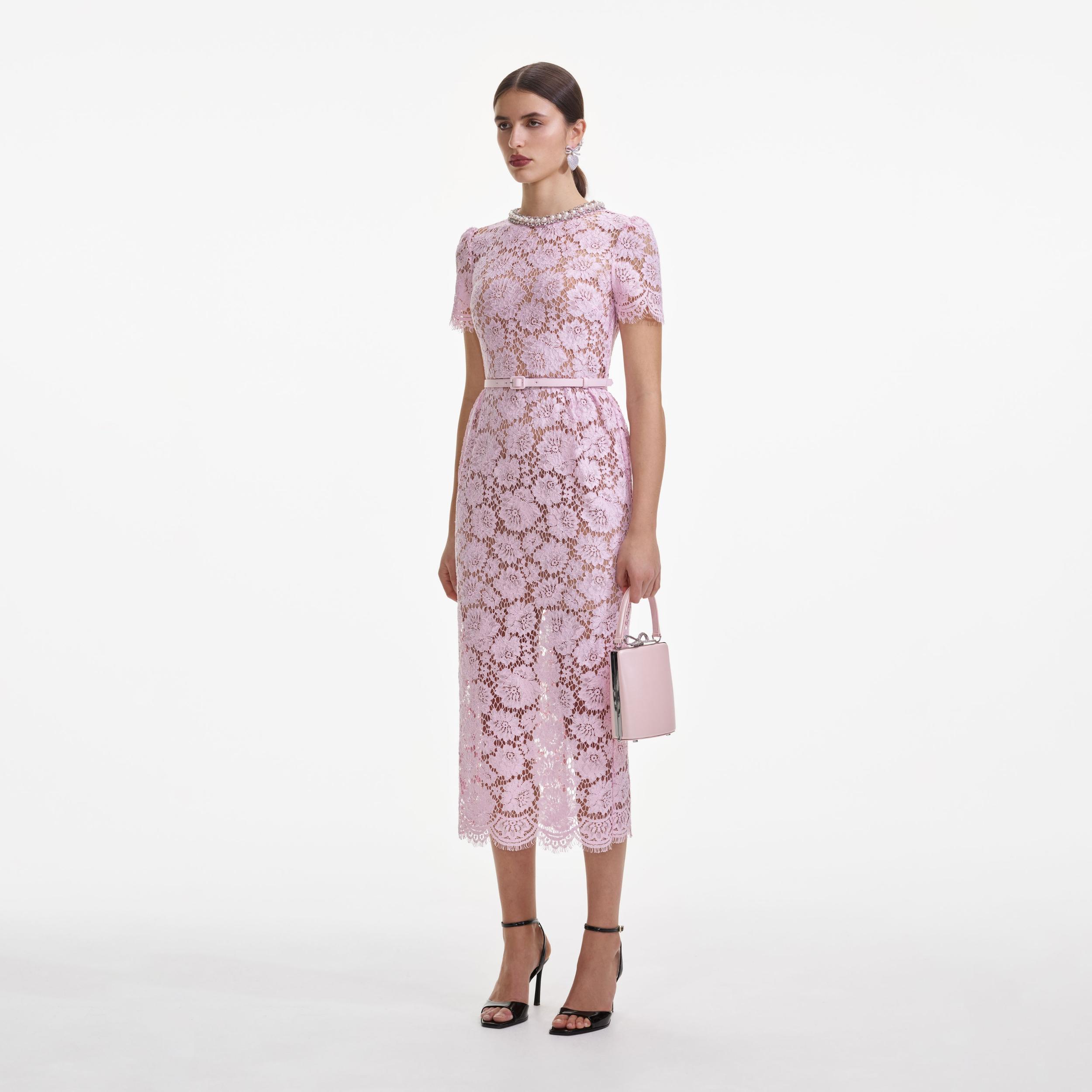 Pink Fine Lace Pearl Midi Dress Product Image