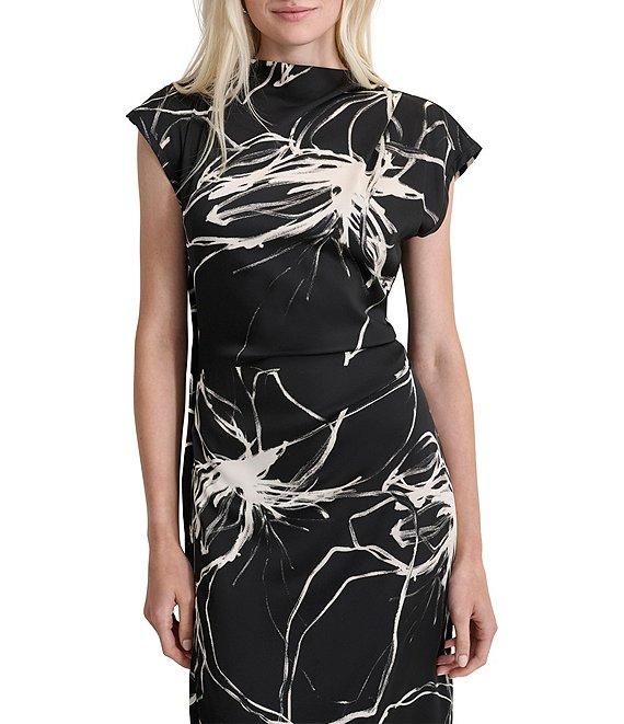DKNY by Donna Karan Printed Woven Mock Neck Short Sleeve A-Line Dress Product Image