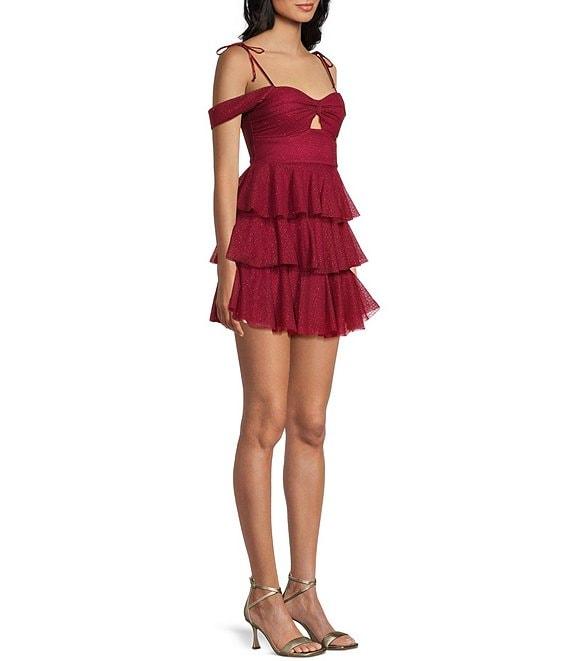 Honey and Rosie Sweetheart Off Shoulder Mesh Drape Ruffle Skirt Dress Product Image