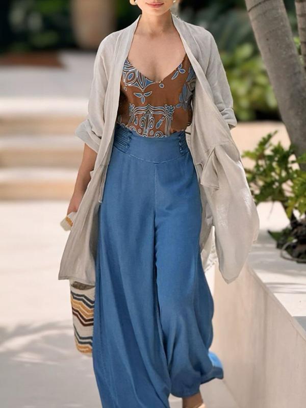 Loose Wide Leg Solid Color Split-Joint Jean Pants Bottoms Trousers Product Image