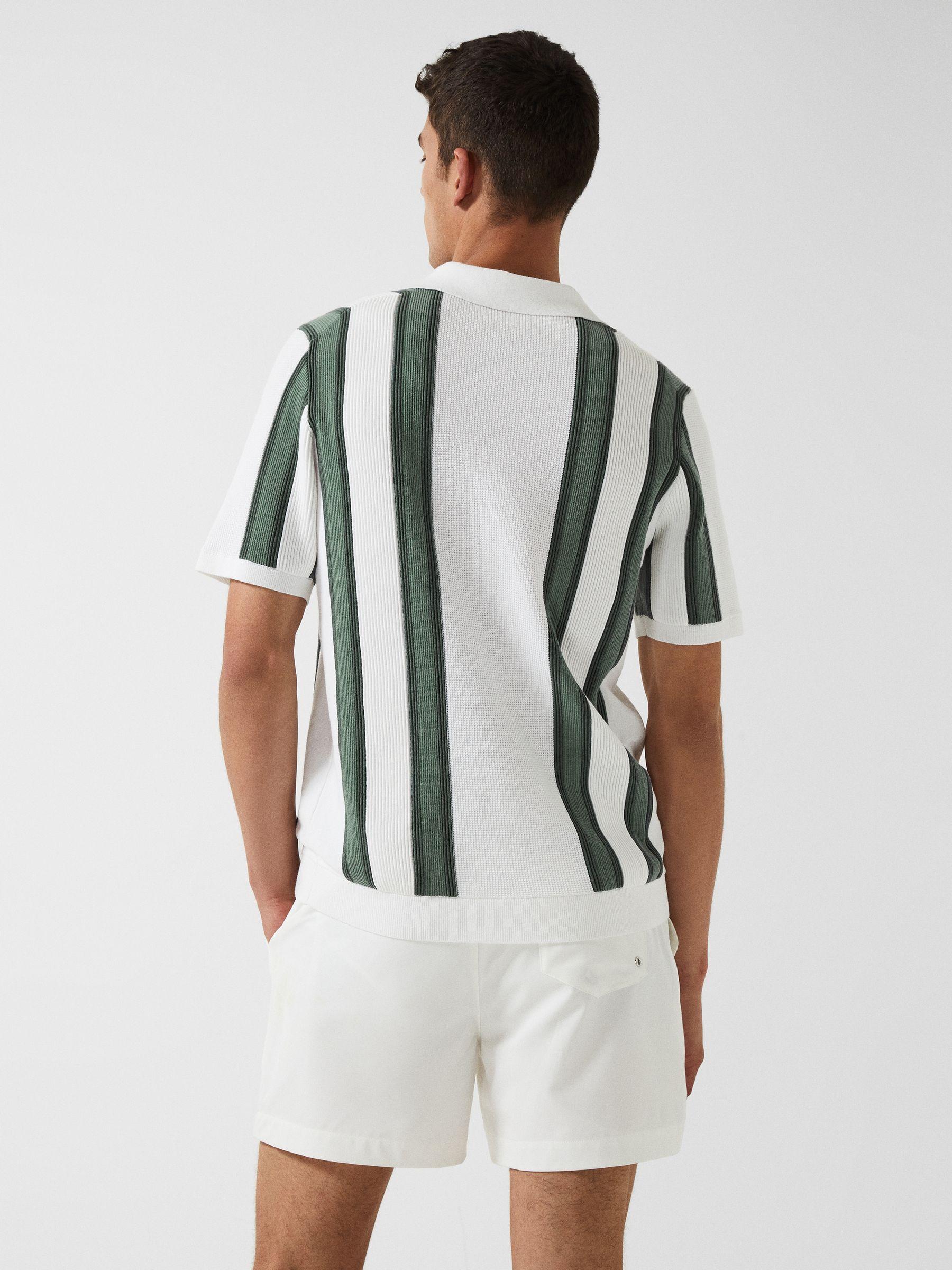 Open Collar Striped Polo T-Shirt in White/Sage Product Image