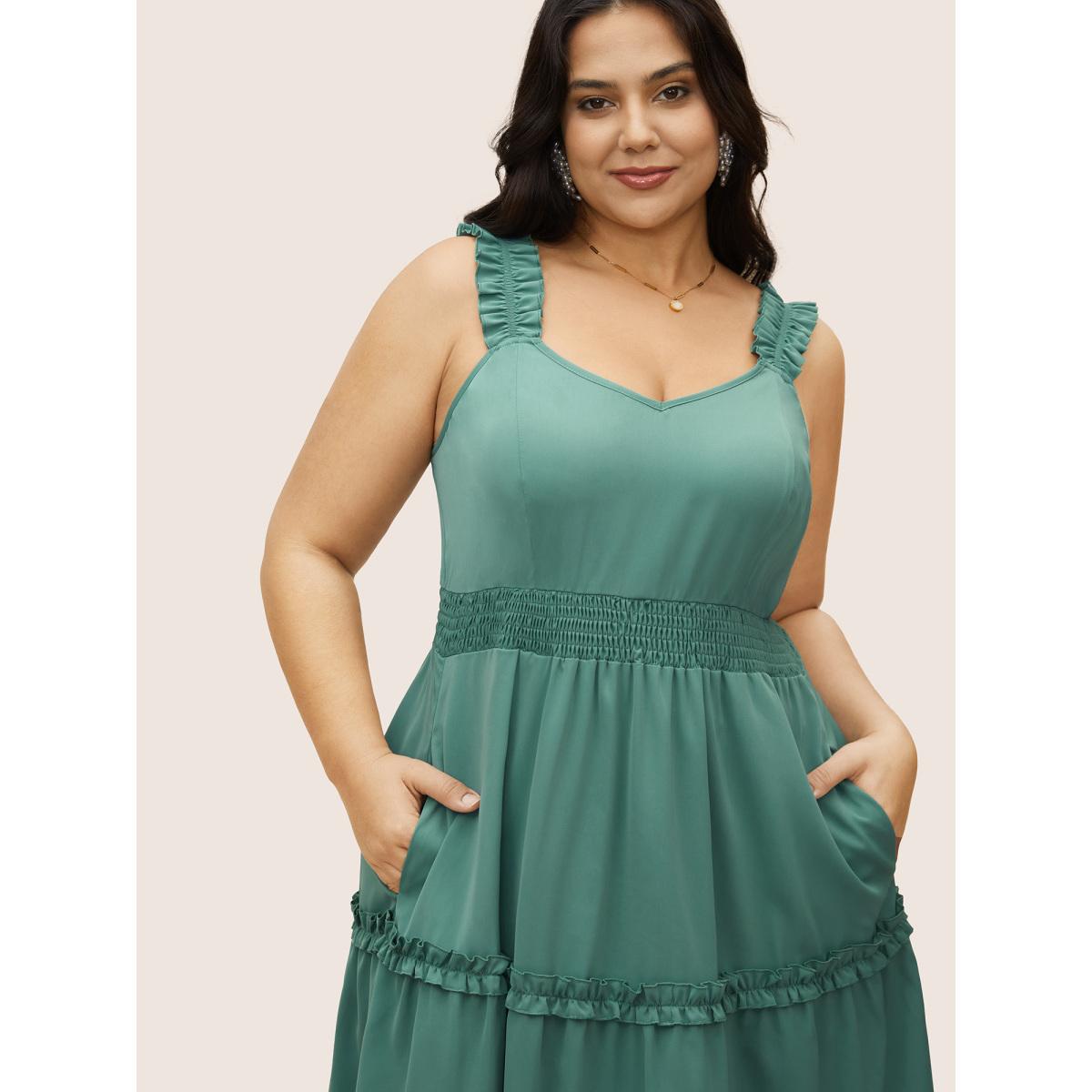 Plus Size Solid Ruffles Shirred Frill Trim Dress Mint Women Elegant Frill Trim V-neck Sleeveless Curvy BloomChic 18-20/2X Product Image