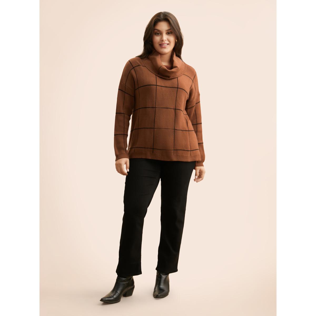 Plus Size Supersoft Essentials Turtleneck Plaid Drop Shoulder Pullover Browncoffeecolor Women Leisure Loose Long Sleeve Turtleneck Casual Pullovers BloomChic 14-16/1X Product Image