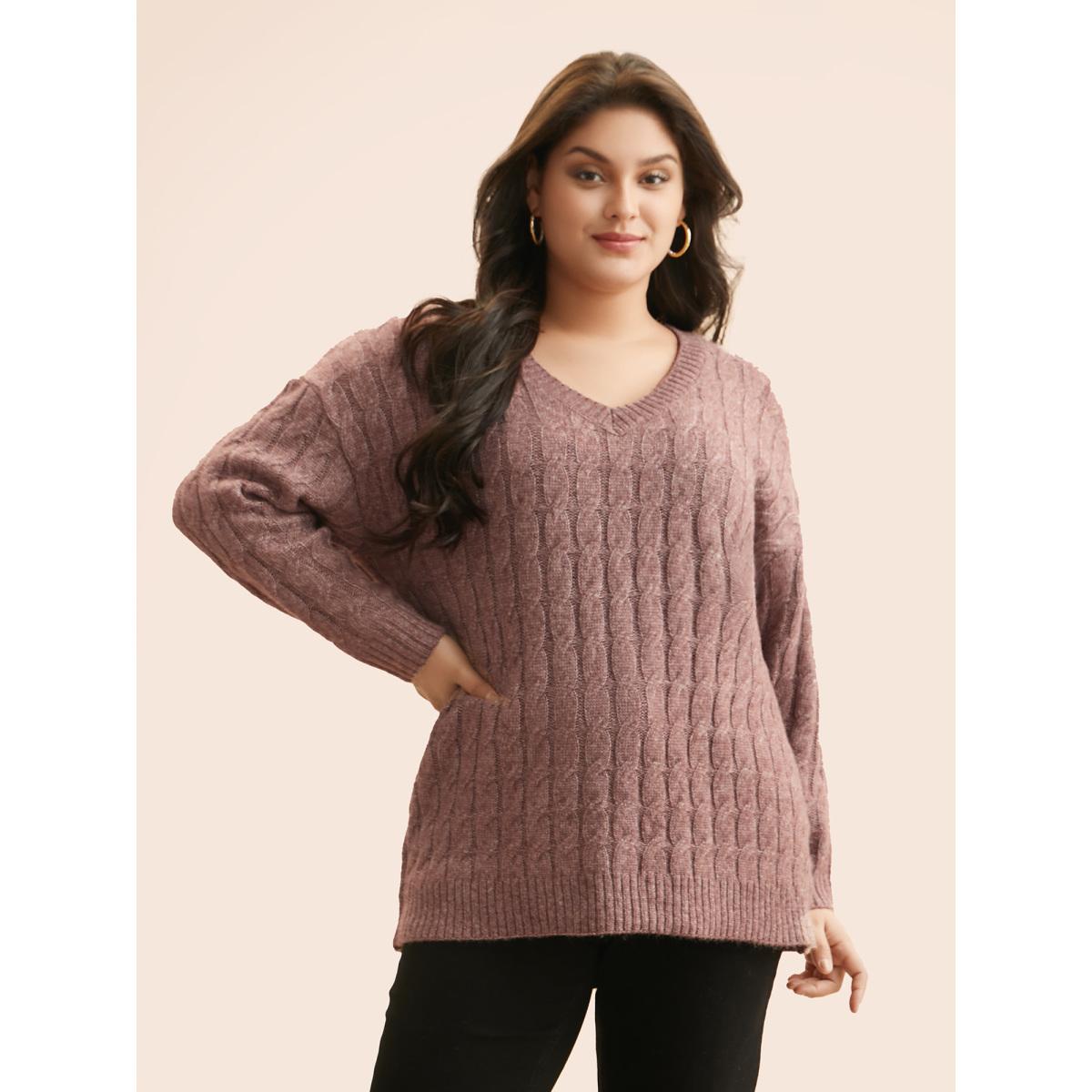 Plus Size Heather Texture Cable Knit Pullover Plum Women Casual Long Sleeve V-neck Everyday Pullovers BloomChic 28/5X Product Image