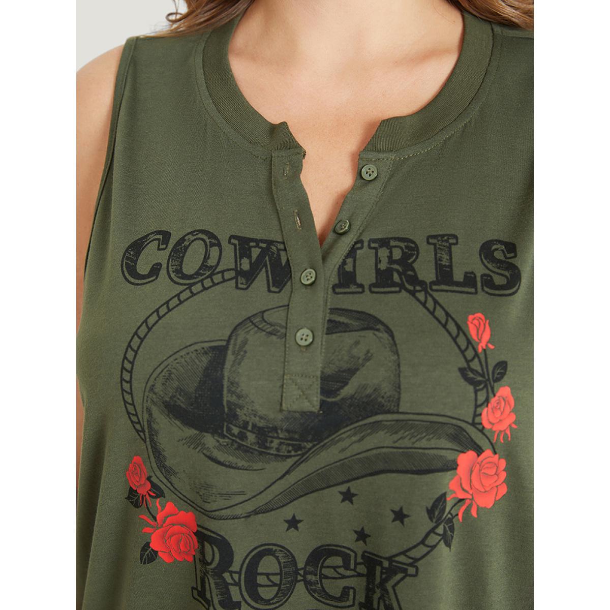 Plus Size Rose & Letter Print Button Up Graphic Tank Top Women ArmyGreen Casual Button Dailywear Tank Tops Camis BloomChic 14-16/1X Product Image