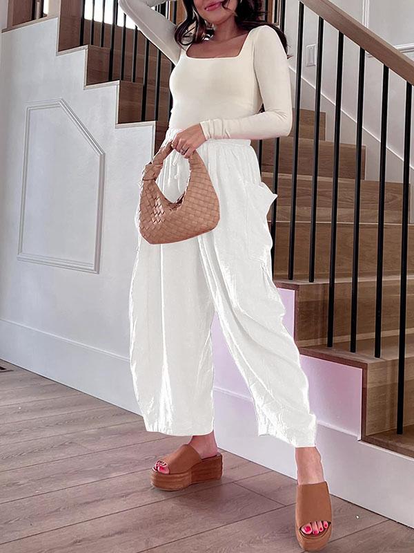 High Waisted Loose Drawstring Elasticity Pleated Pockets Solid Color Ninth Pants Trousers Product Image