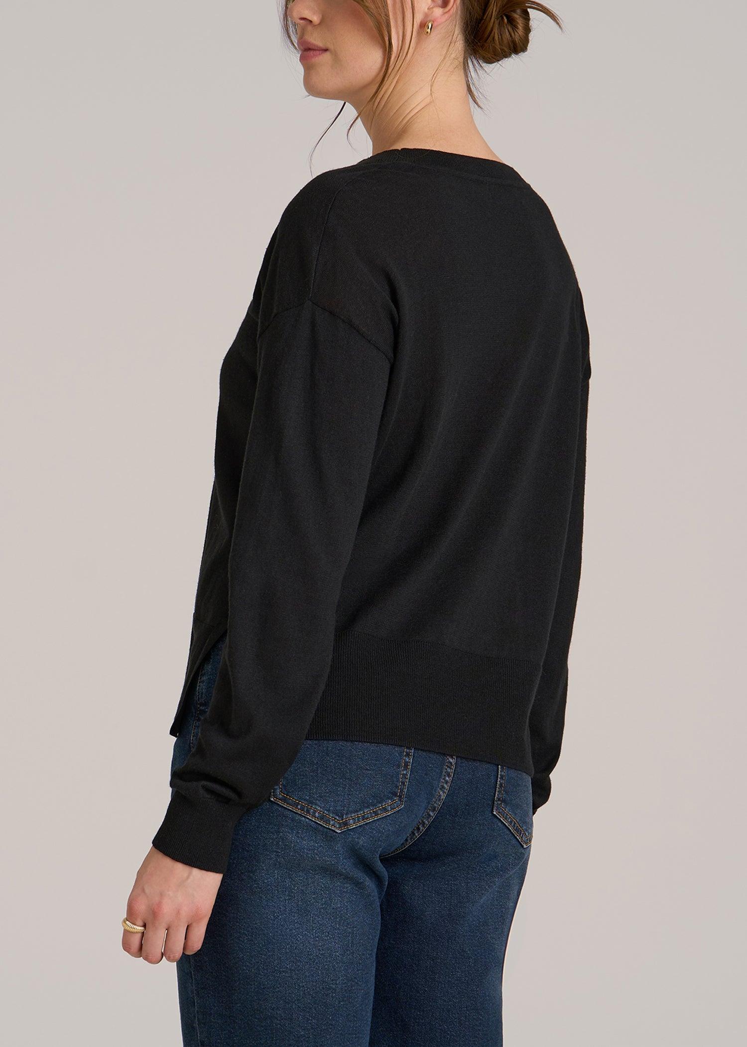 Linen Blend Split Hem V-Neck Sweater for Tall Women in Black Female Product Image