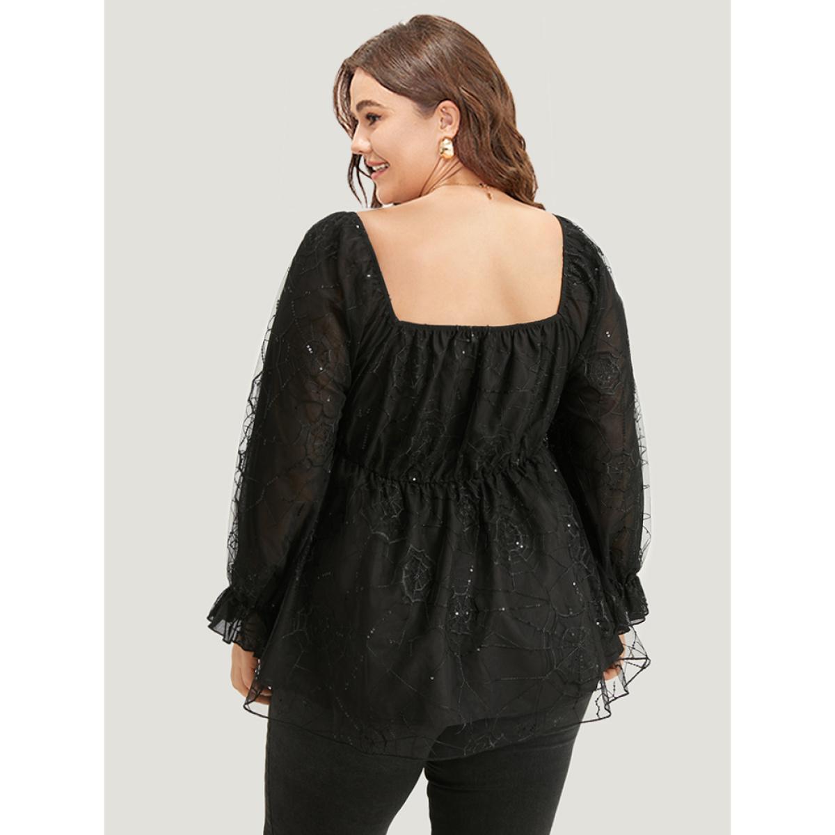 Plus Size Black Halloween Square Neck Spider Web Crochet Lace Mesh Blouse Women Glamour Long Sleeve Square Neck Festival-Halloween Blouses BloomChic 26/4X Product Image
