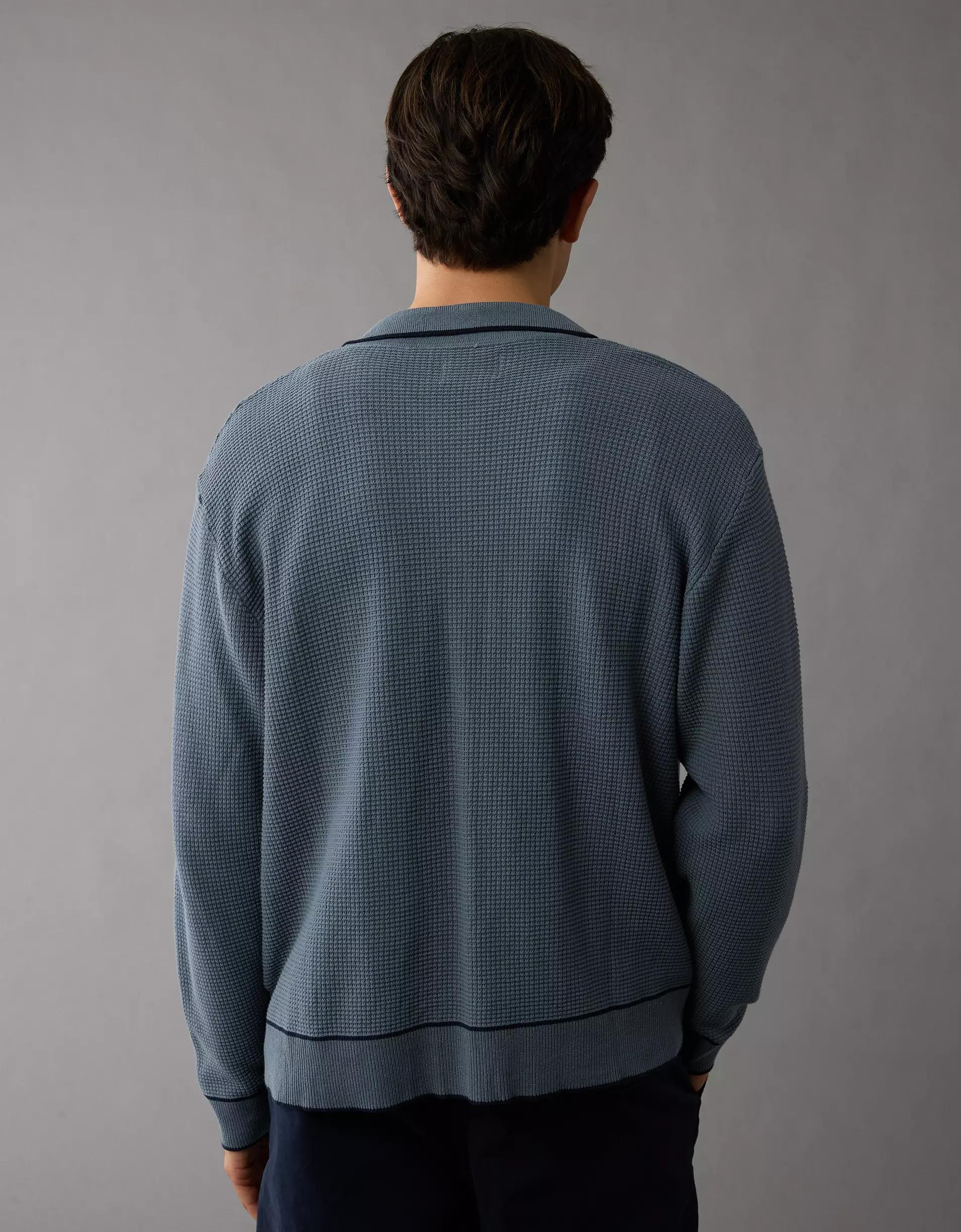 AE Long-Sleeve Tipped Waffle Sweater Polo Shirt Product Image