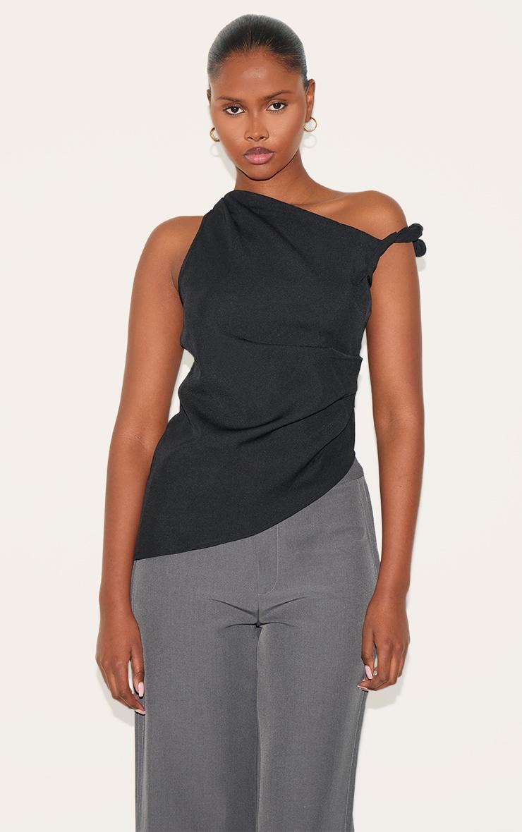 Black Woven Asymmetric Hem Ruched Long Top Product Image