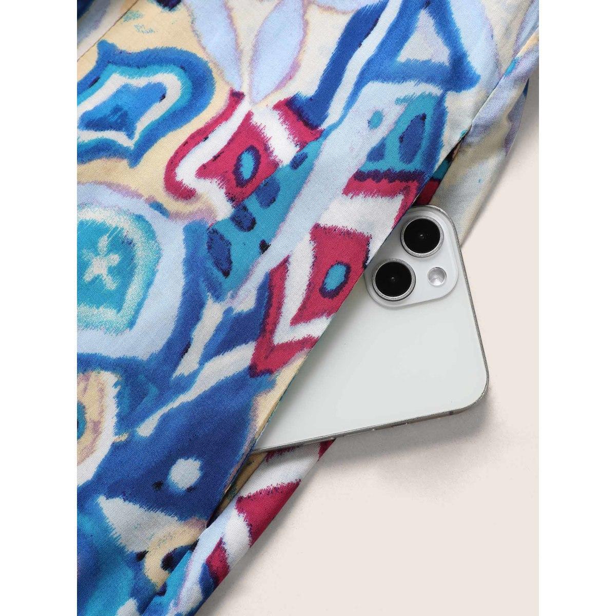 Plus Size Boho Print Pleated Ruffle Sleeve Dress Blue Women Resort Ruffles Notched collar Cap Sleeve Curvy BloomChic 10/M Product Image