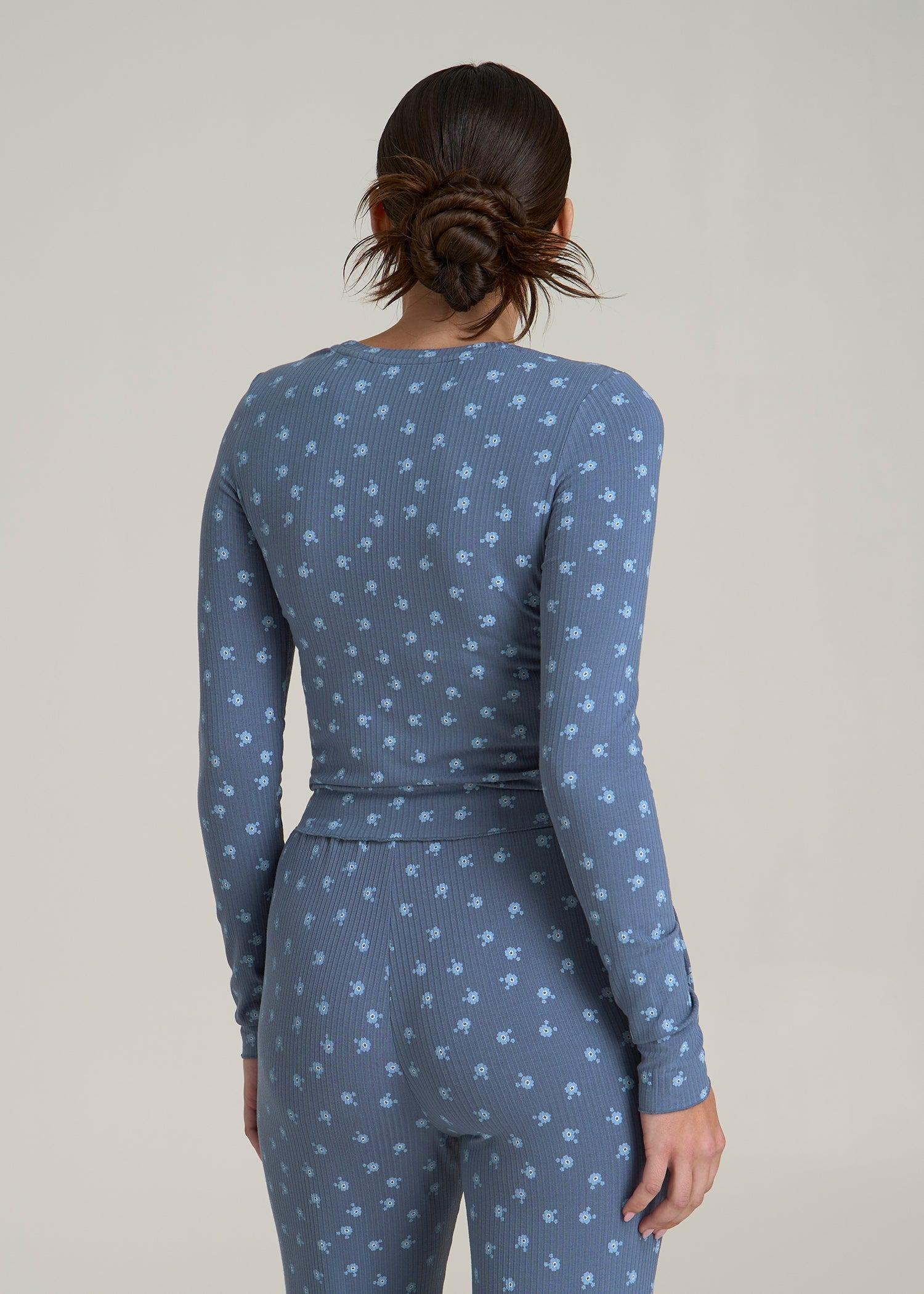 Lightweight Ribbed Cropped Lounge Shirt for Tall Women in Vintage Indigo Floral Female Product Image