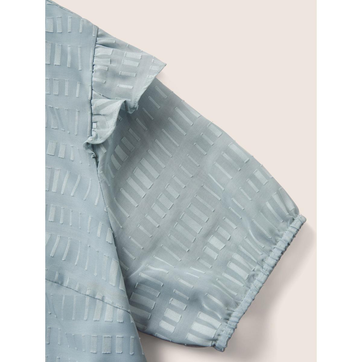 Plus Size LightBlue Solid Textured Gathered Ruffles Button Detail Blouse Women Elegant Short sleeve V-neck Everyday Blouses BloomChic 14-16/1X Product Image