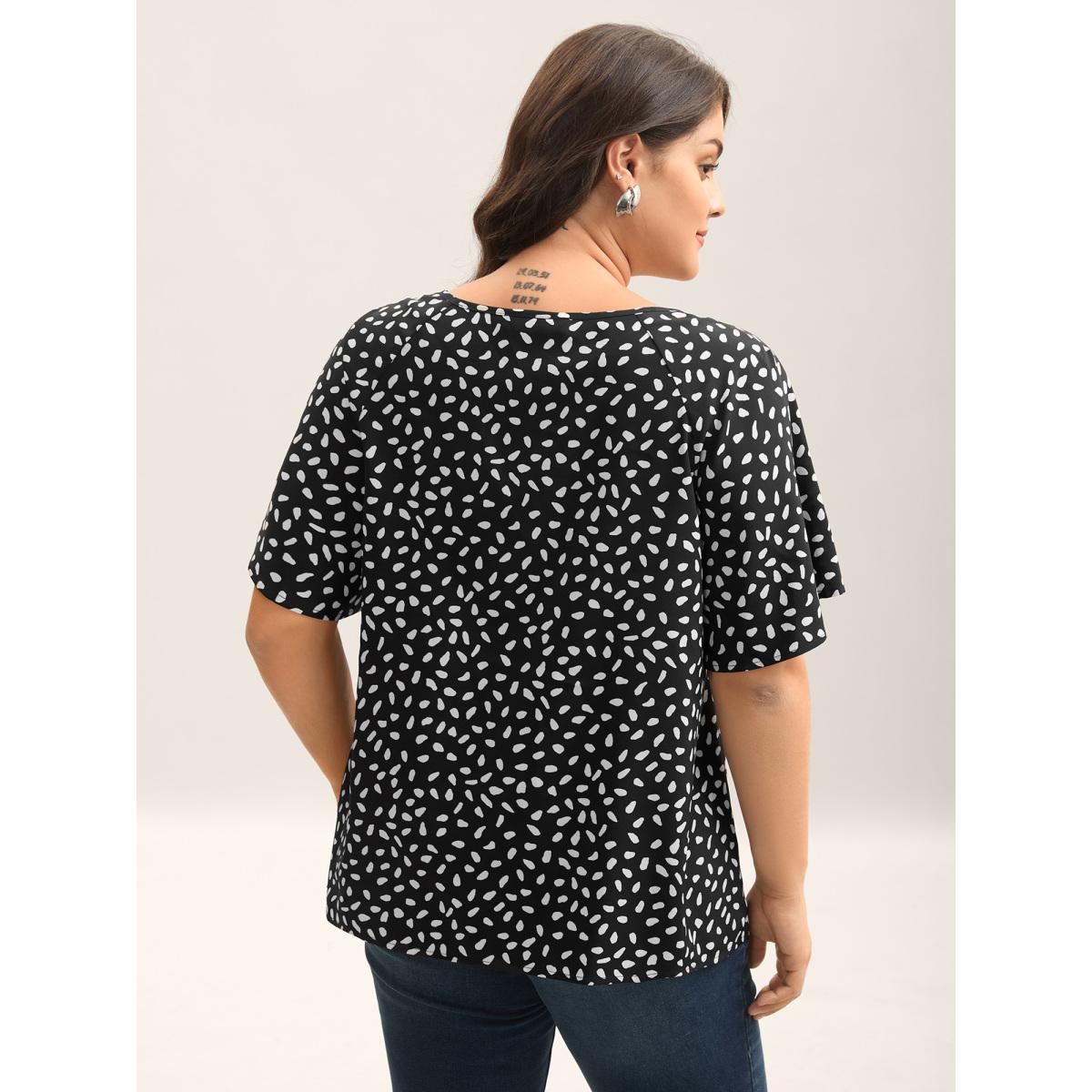 Plus Size Black Petal Print Neck Tie Flowy Blouse Women Half Sleeve Round Neck Work Blouses BloomChic 30/6X Product Image