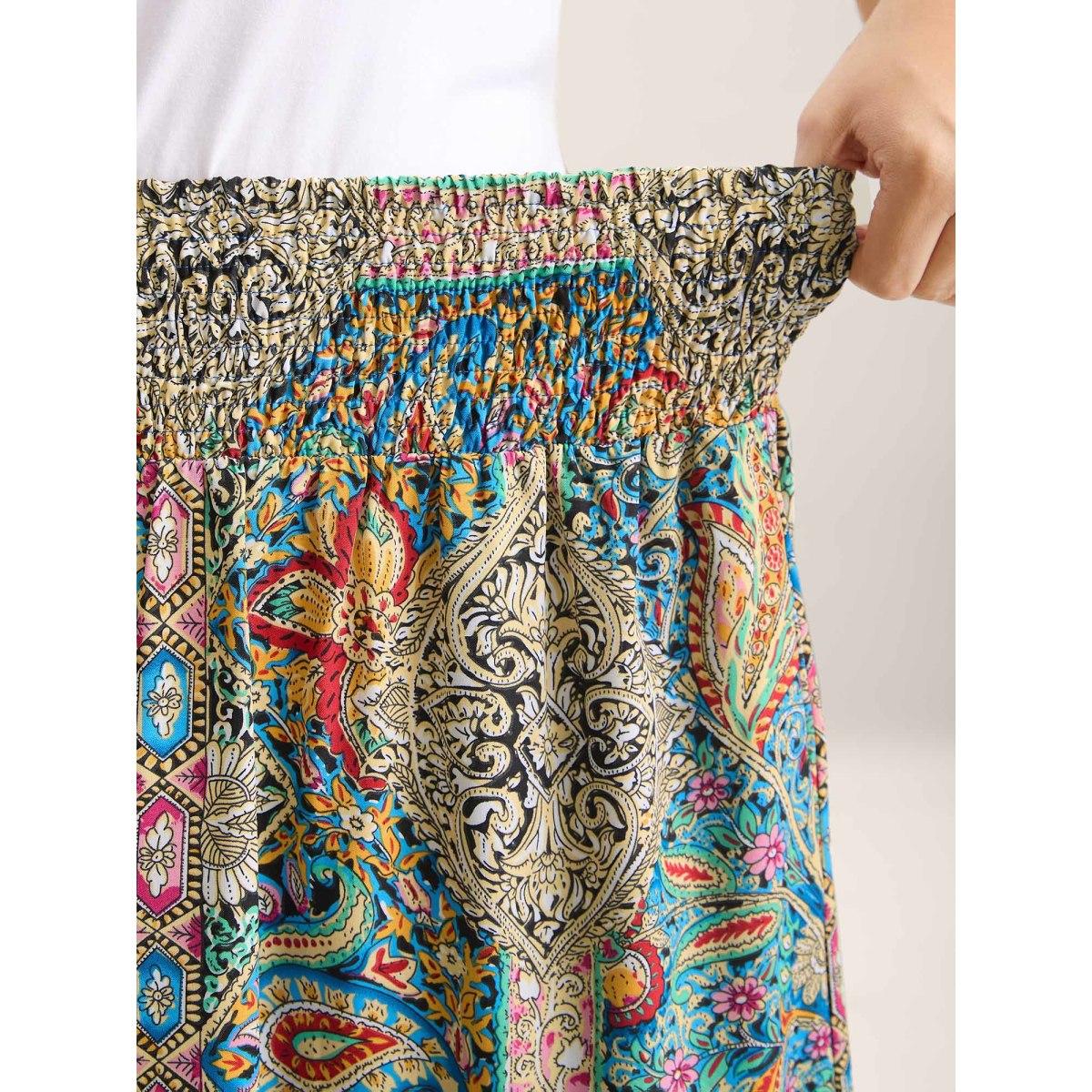 Plus Size Paisley Print Shirred Waist Midi Skirt Women Multicolor Boho Patchwork Low stretch Slanted pocket Vacation Skirts BloomChic 26/4X Product Image
