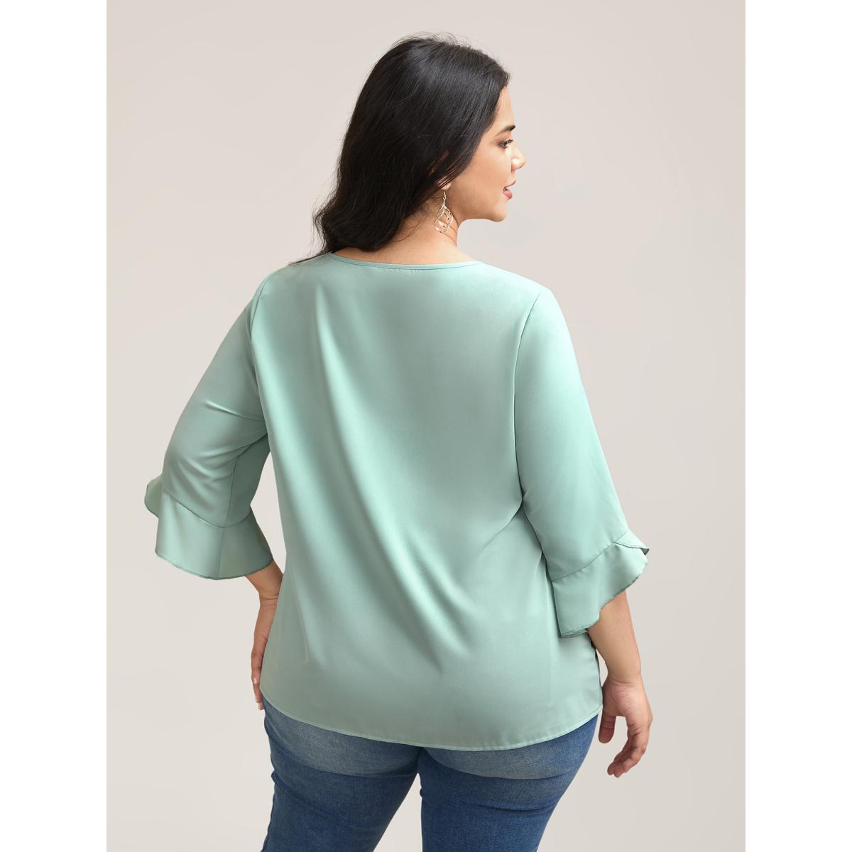 Plus Size Greenbean Lotus Leaf Sleeve Round Neck Shirt Women Elegant Elbow-length sleeve Round Neck Everyday Blouses BloomChic 18-20/2X Product Image