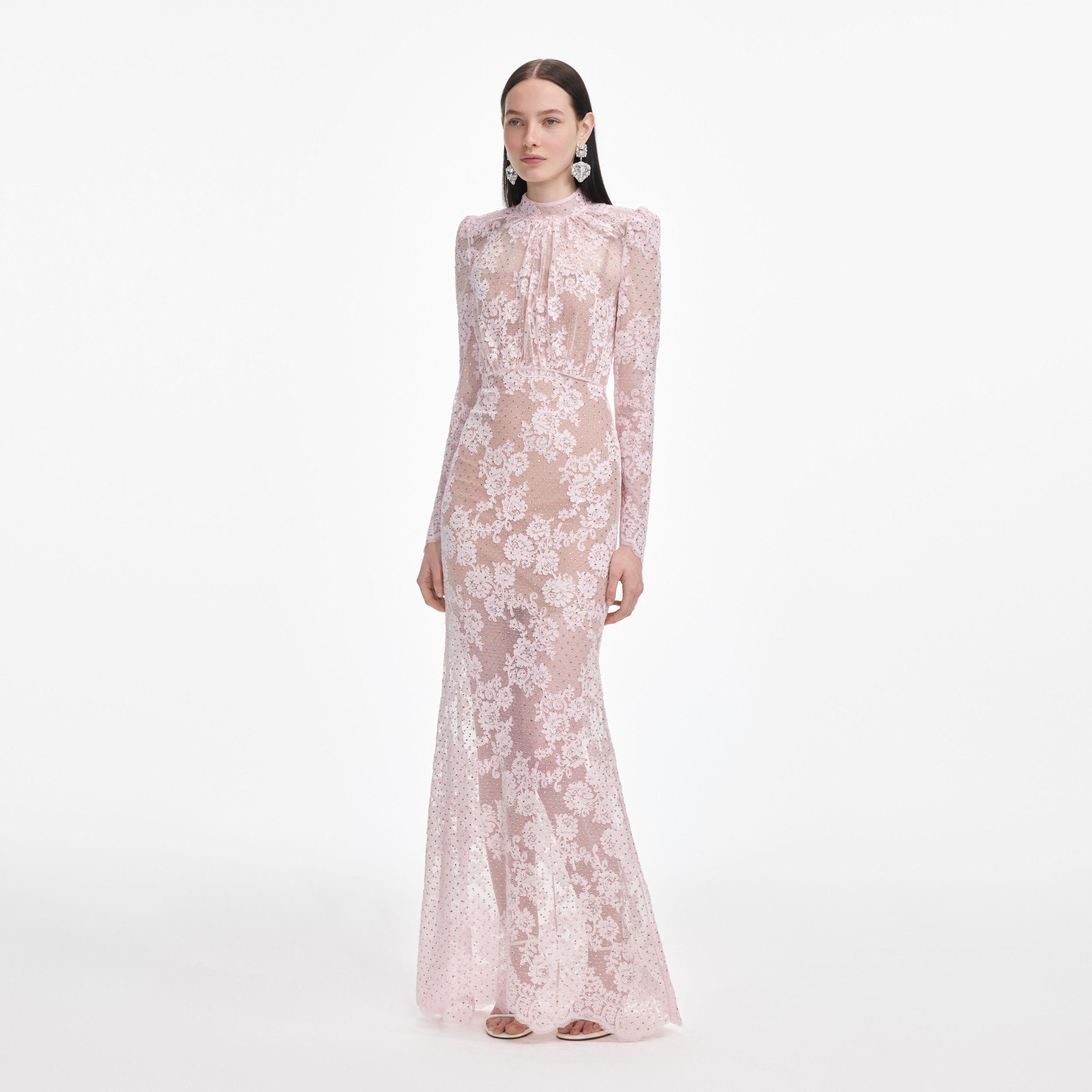 Pale Pink Rhinestone Lace Maxi Dress Product Image