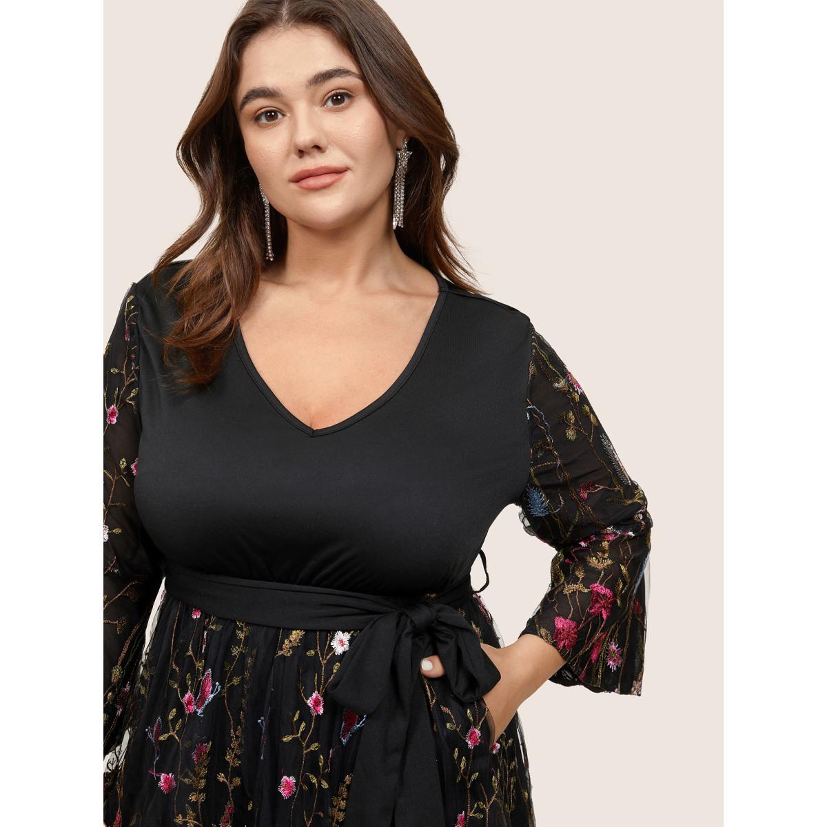 Plus Size Floral Embroidered Mesh Patchwork Bell Sleeve Dress Black Women Glamour Lined V-neck Elbow-length sleeve Curvy Midi Dress BloomChic 14-16/1X Product Image