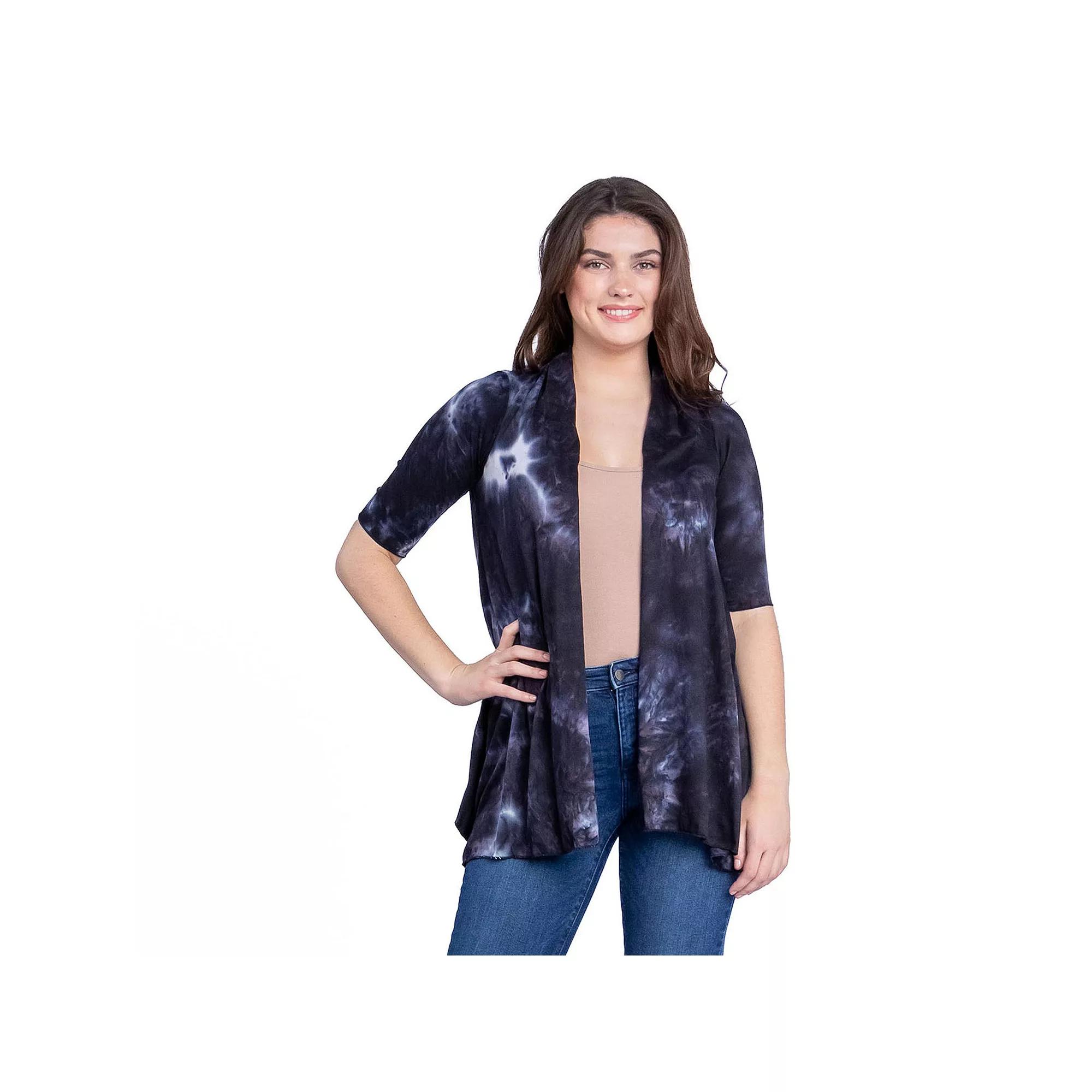 Women's 24Seven Comfort Apparel Tie Dye Elbow Sleeve Open Front Cardigan,  Product Image