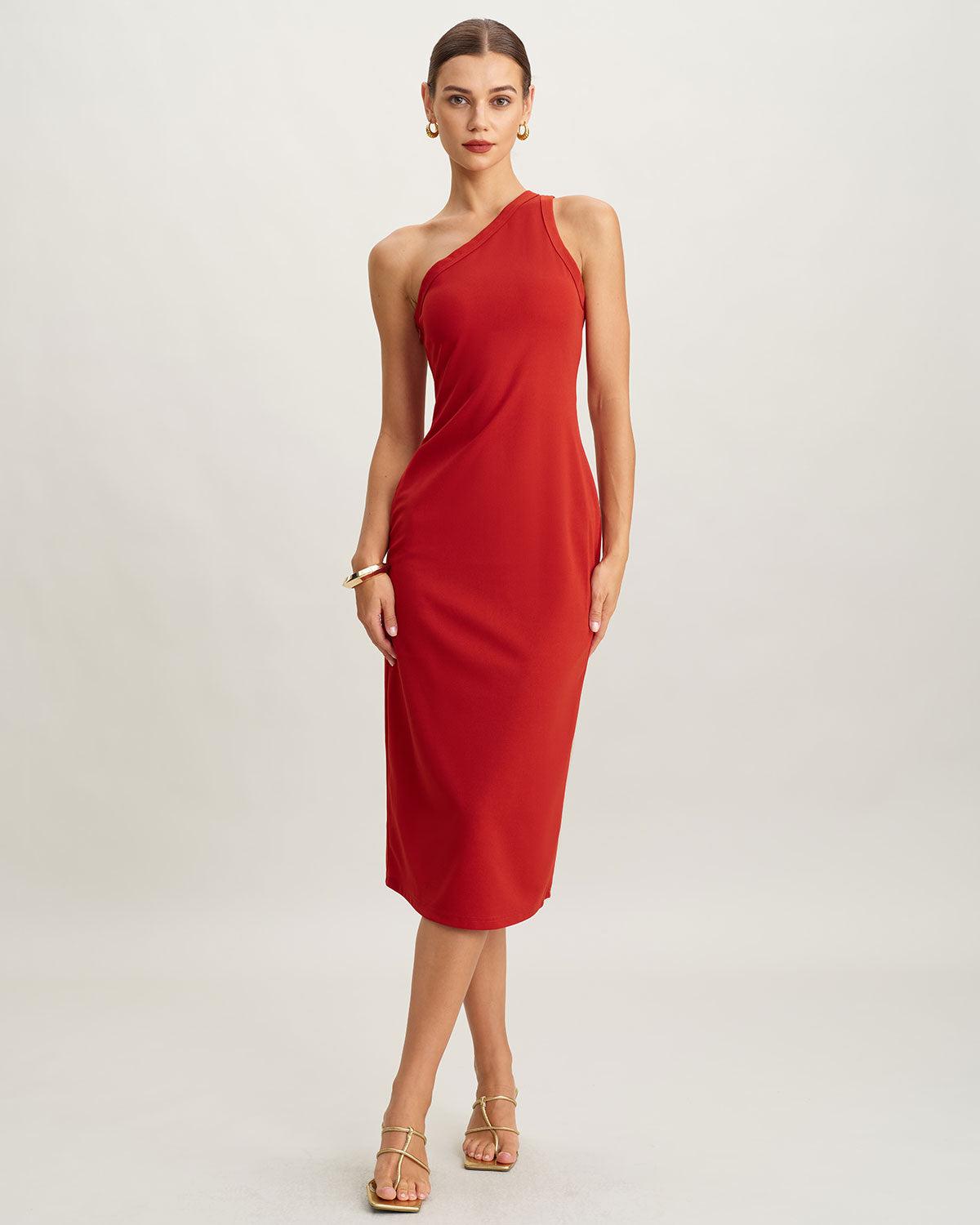 Red Knit One shoulder Midi Dress Product Image