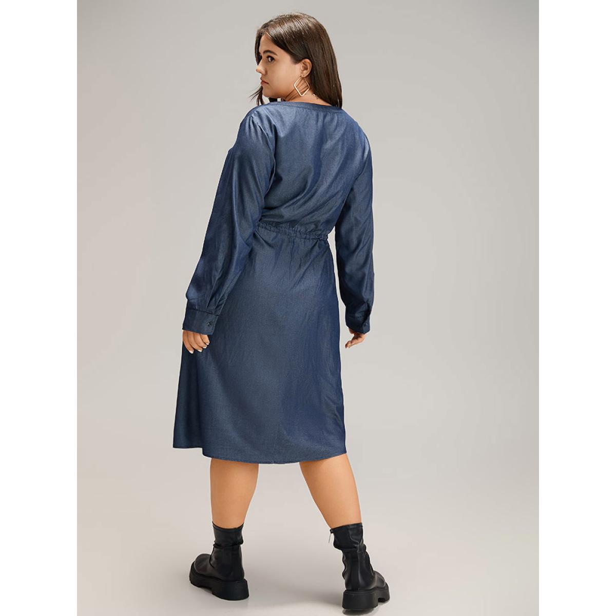 Plus Size Denim Half Zip Drawstring Elastic Waist Dress Indigo Women Casual Plain Notched collar Long Sleeve Curvy Midi Dress BloomChic 14-16/1X Product Image