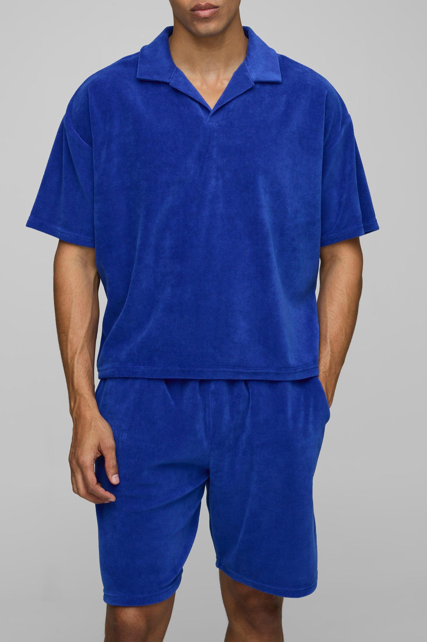Oversized Boxy Velour Short Sleeve Revere Polo Shorts Set | boohooMAN USA Product Image