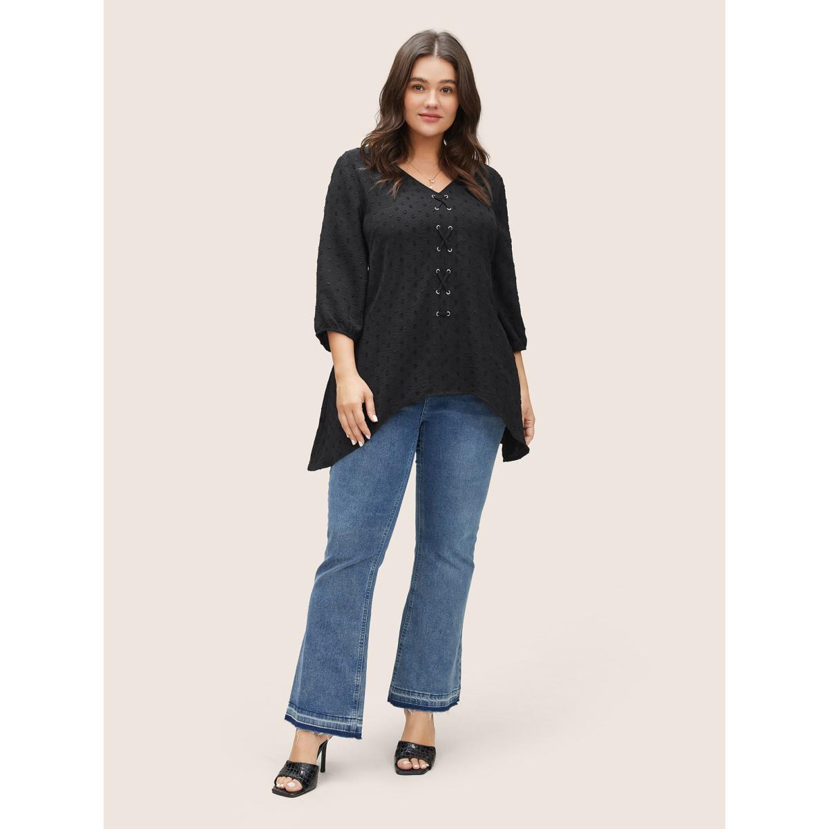 Plus Size Black Texture Drawstring Lantern Sleeve Arc Hem Blouse Women Casual Elbow-length sleeve V-neck Everyday Blouses BloomChic 14-16/1X Product Image