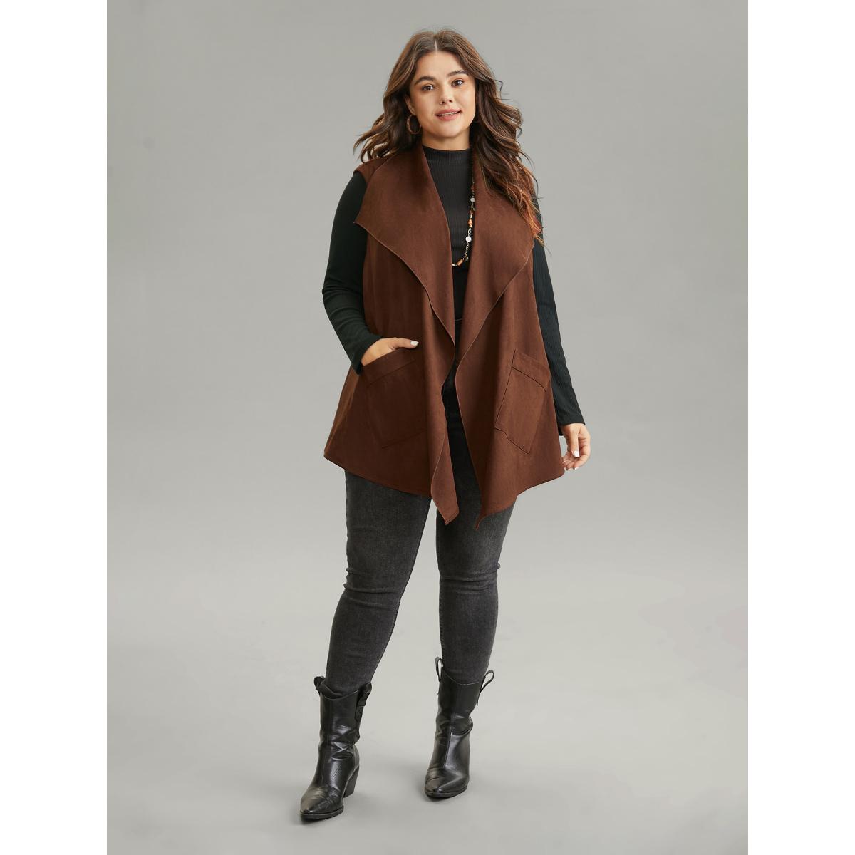 Plus Size Faux Suede Asymmetrical Neck Pocket Vest Women DarkBrown Casual Plain Ladies Dailywear Winter Coats BloomChic 26/4X Product Image