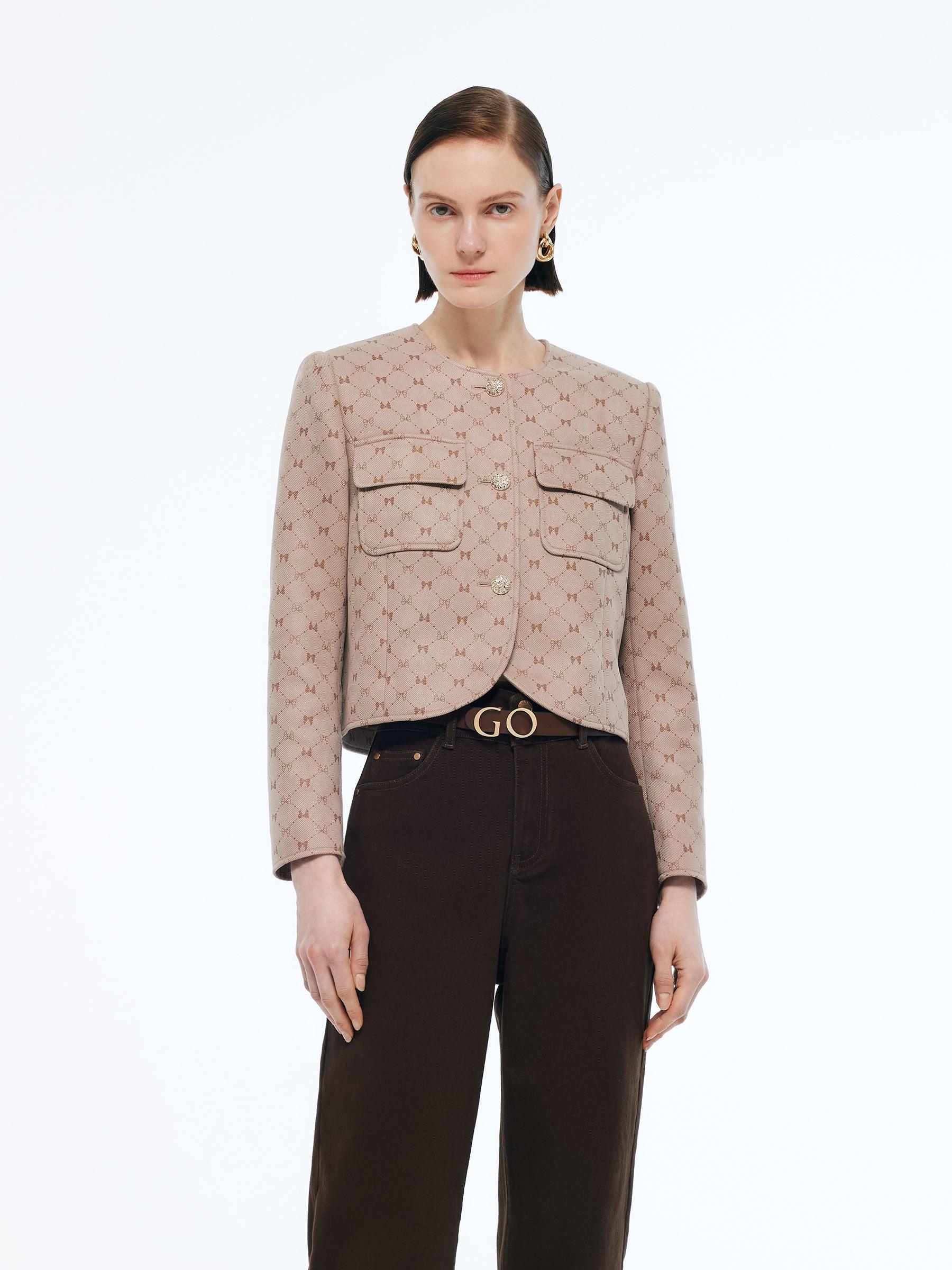 Faux Suede Round Neck Women Crop Jacket Product Image