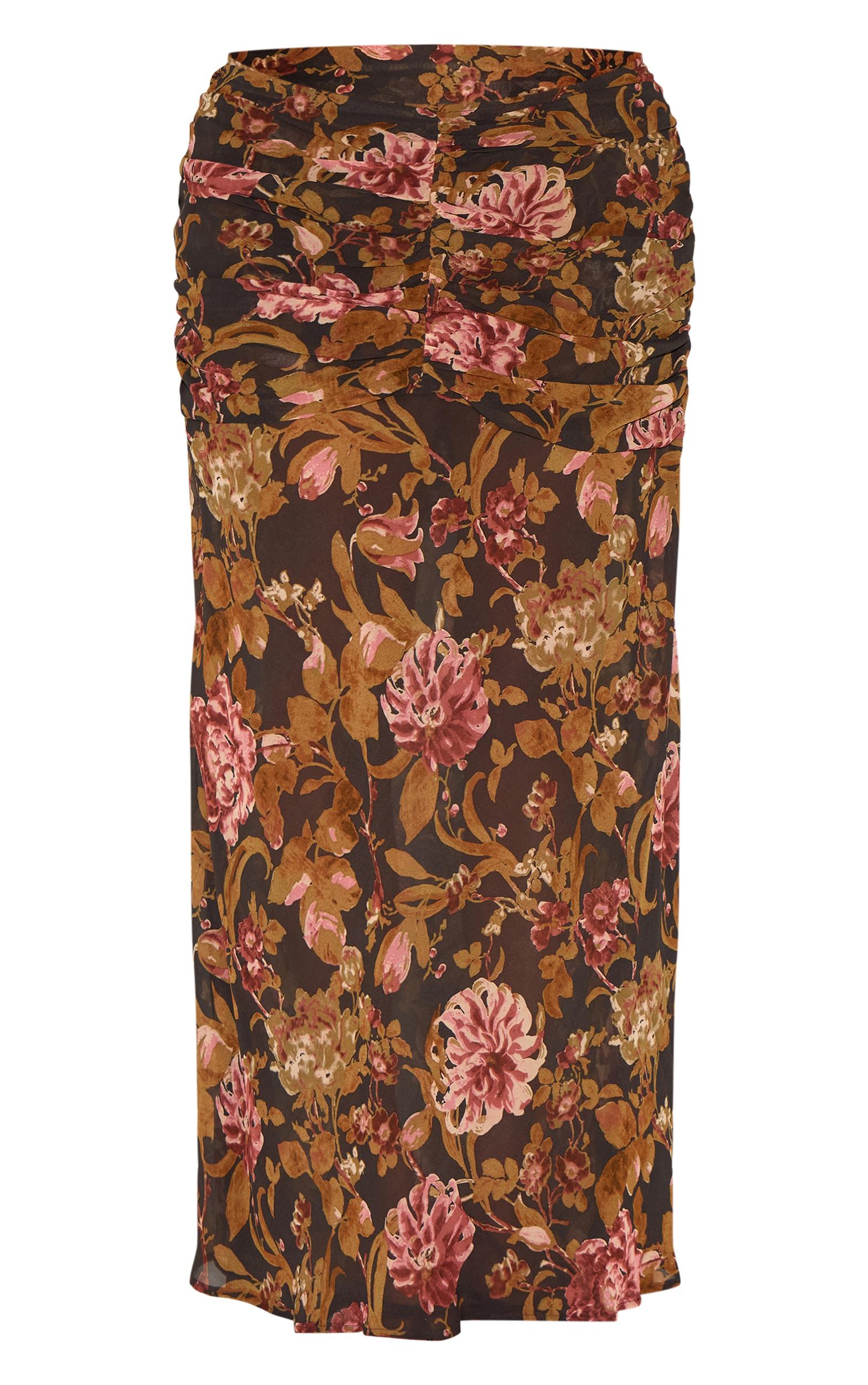 Plus Black Floral Printed Chiffon Ruched Detail Maxi Skirt Product Image