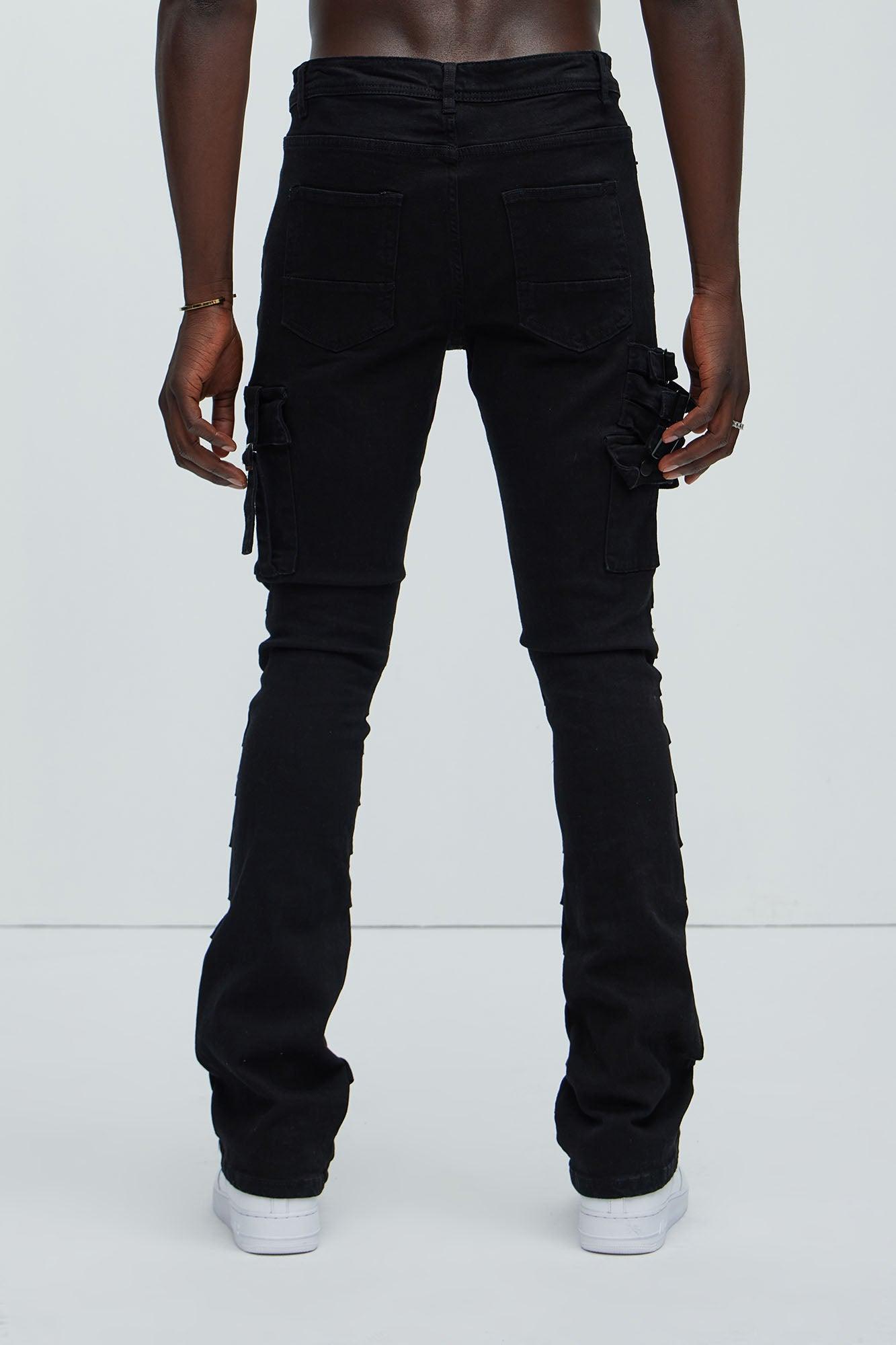 Step In Ruched Skinny Flare Cargo Jeans - Black Product Image
