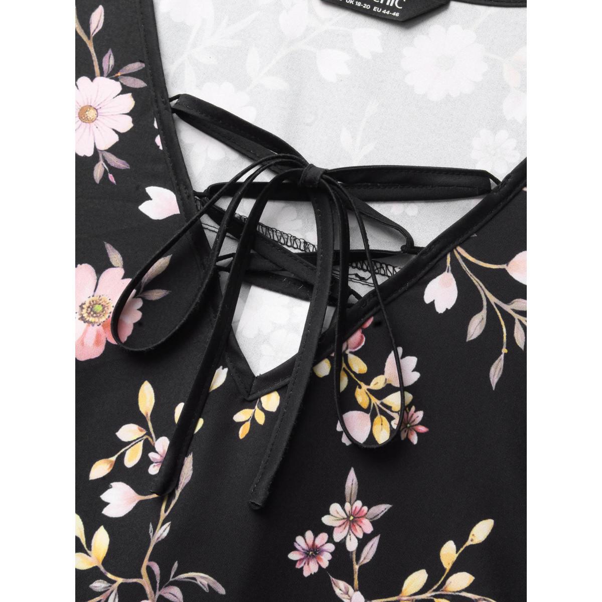 Plus Size BlackFlower Gradient Floral Ruffle Sleeves Blouse Women Elegant Elbow-length sleeve V-neck Everyday Blouses BloomChic 14-16/1X Product Image