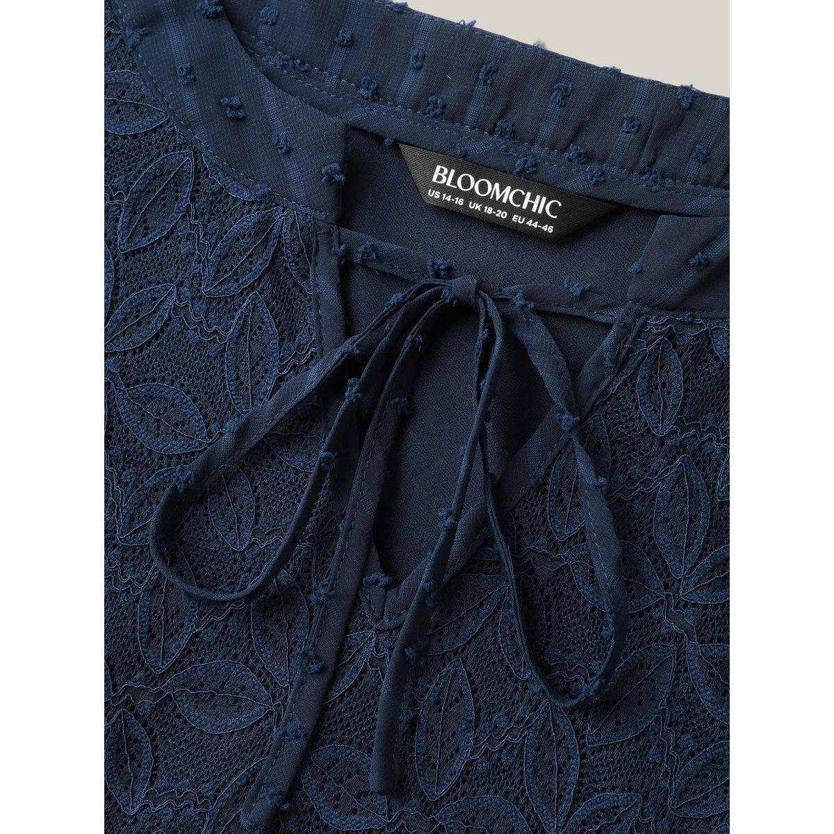 Plus Size Textured Lace Detail Neck Tie Sleeveless Top Women DarkBlue Timeless Woven ribbon&lace trim Flat collar with V-notch Elegant Tank Tops Camis BloomChic 12/L Product Image