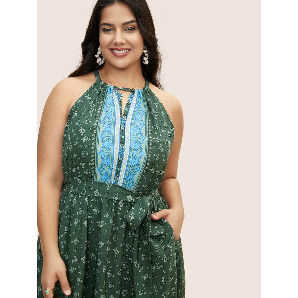 Plus Size Bandana Print Halter Neck Tie Knot Dress Moss Women Resort Gathered Halter neck Sleeveless Curvy BloomChic 22-24/3X Product Image