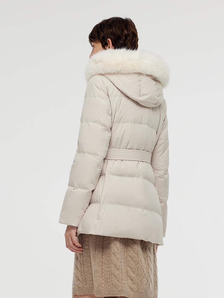 Hooded Gathered Waist Goose Down Coat With Belt Product Image