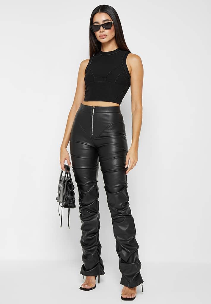 Tacked Leather Flared Trousers - Black Female Product Image