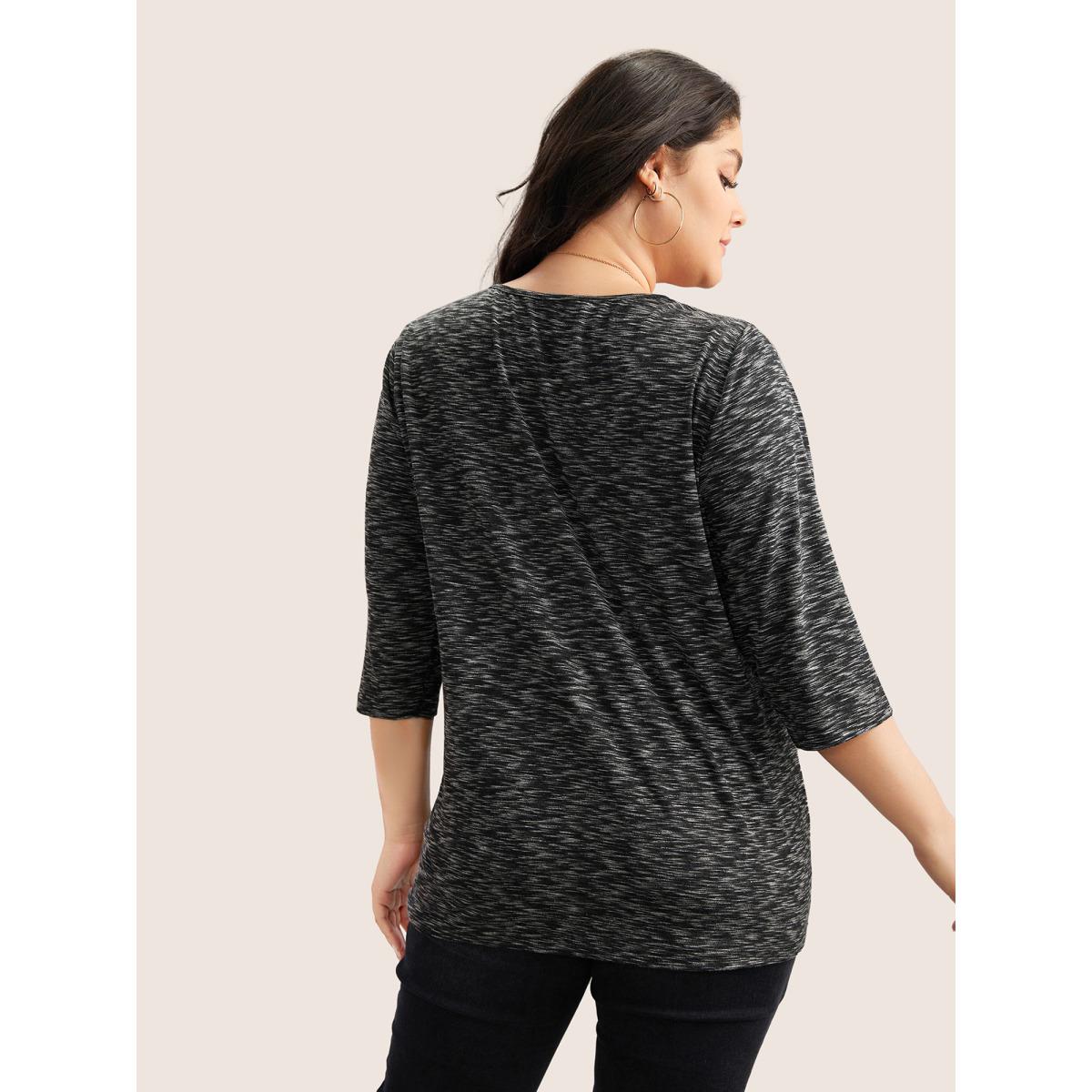 Plus Size Heather Pleated Button Detail T-shirt Black Women Leisure Pleated Plain V-neck Casual T-shirts BloomChic 28/5X Product Image