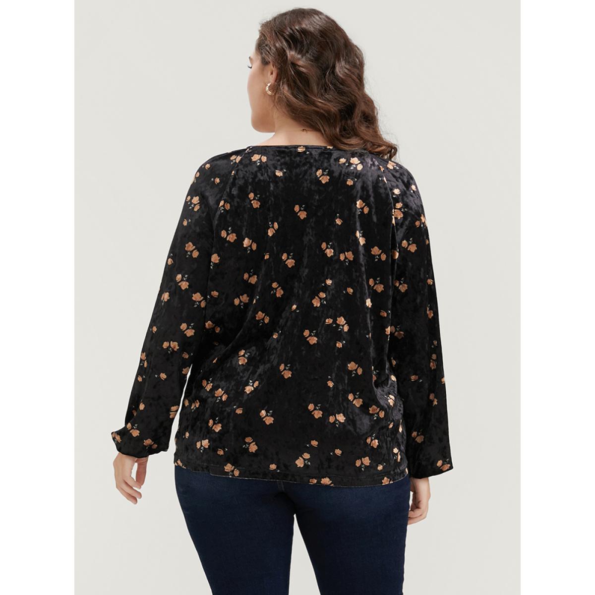 Plus Size Black Floral Lantern Sleeve Tassels Tie Neck Velvet Blouse Women Party Long Sleeve Tie Neck Going out Blouses BloomChic 10/M Product Image